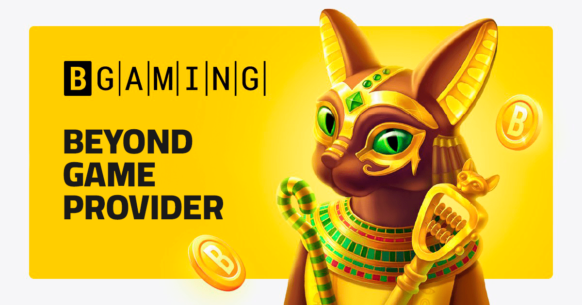 A promotional banner for BGaming, labeled as 'BEYOND GAME PROVIDER' on a bright yellow background. The image features a stylized Egyptian cat (Bastet) character with ornate decorations, including green jewels, golden accessories, and traditional Egyptian-style ornamentation. The cat holds a golden ankh symbol, and golden coins with the letter 'B' are floating in the background.