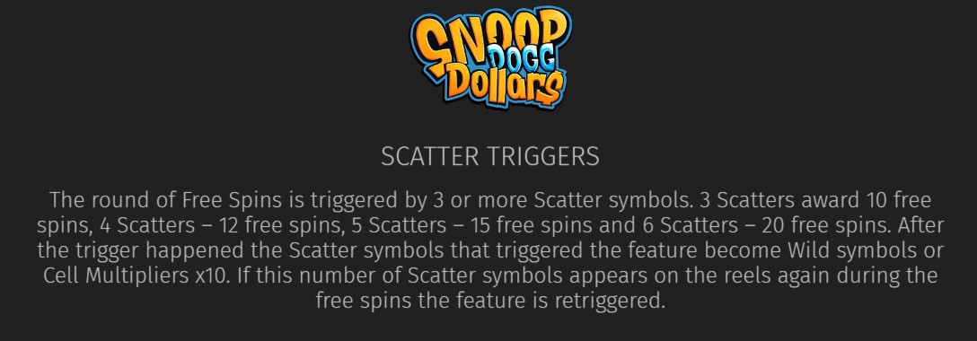 Imagen que muestra las reglas de los 'SCATTER TRIGGERS' (Activadores de Dispersión). El texto explica que 3 símbolos scatter otorgan 10 giros gratis, 4 símbolos dan 12 giros, 5 símbolos dan 15 giros y 6 símbolos otorgan 20 giros gratis. Los símbolos scatter se convierten en comodines o multiplicadores x10