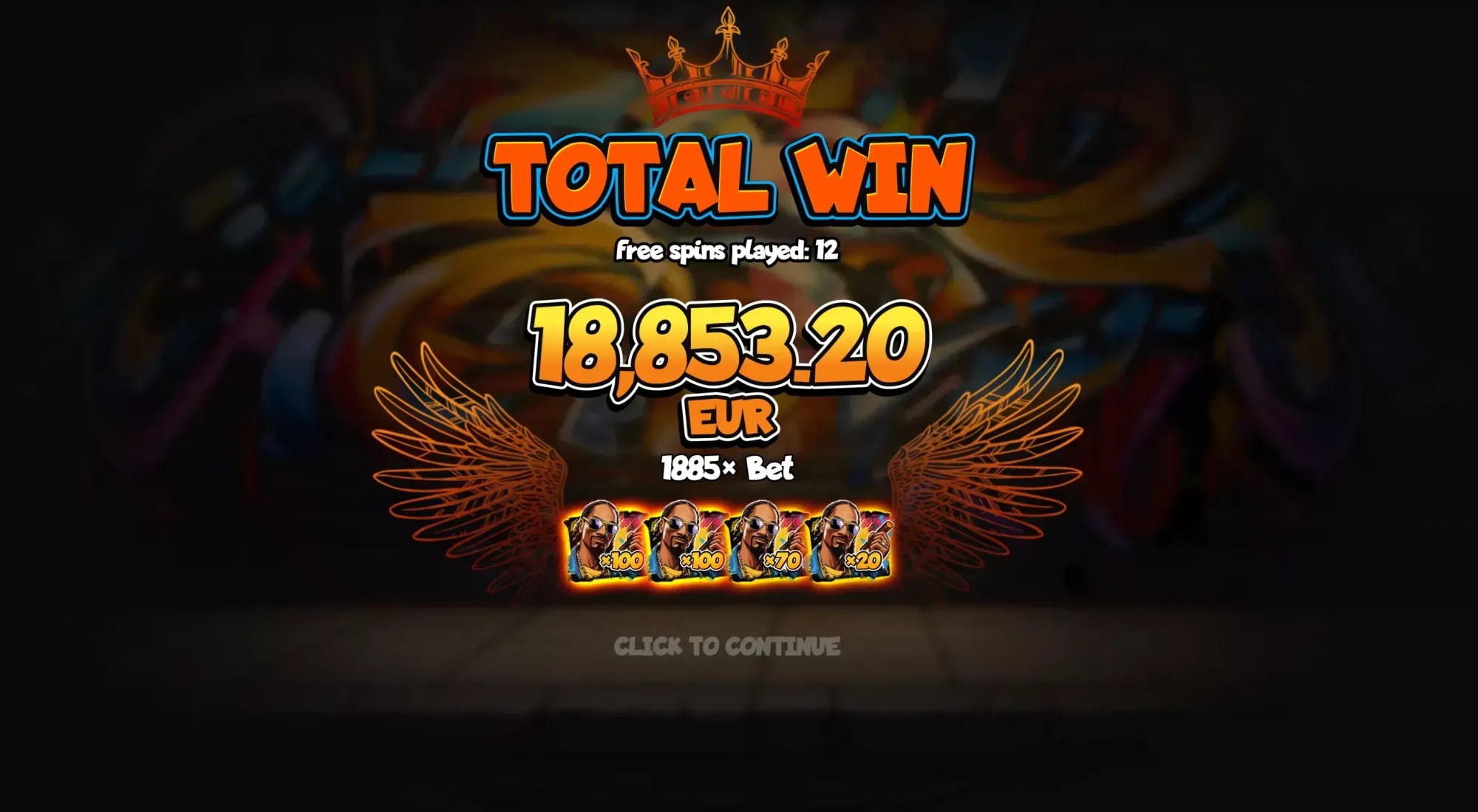 A slot machine game win screen showing '"TOTAL WIN' with a golden crown above it. The display shows a win amount of 18,853.20 EUR from 12 free spins played, representing 1885x the original bet. Four identical character symbols with fiery wings are displayed at the bottom of the screen, with a 'CLICK TO CONTINUE' prompt below.