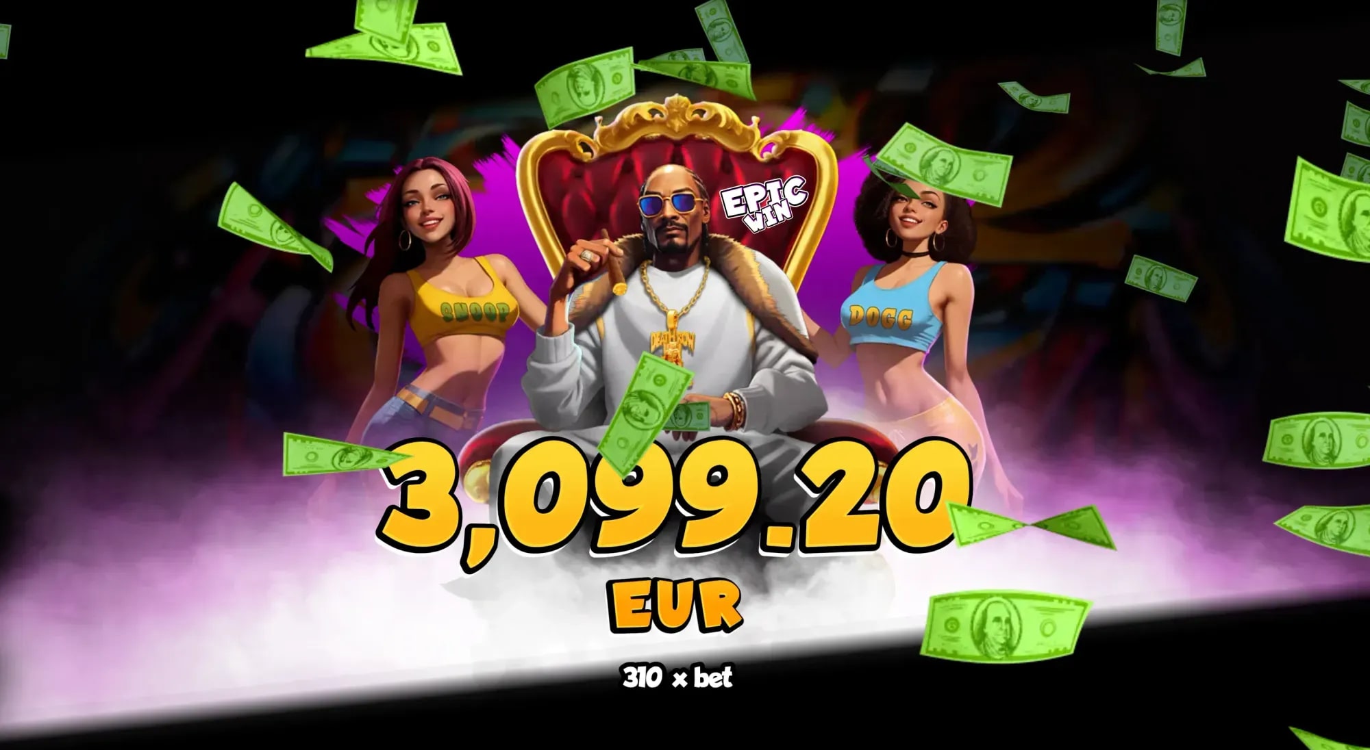 Epic win celebration screen showing animated characters against a purple background with floating dollar bills. A large golden frame displays the win amount of 3,099.20 EUR (310x bet) in yellow text.