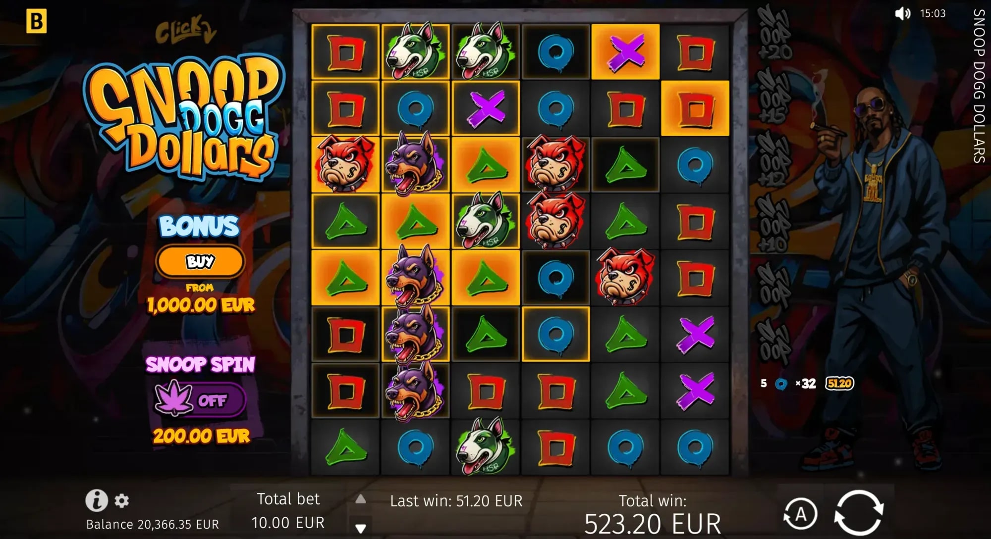 image shows the main game grid with a 6x6 layout featuring various symbols including cartoon dog heads (in white, purple, and red), playing card symbols (Q, D), and X marks. The game display shows a balance of 20,366.35 EUR with a total win of 523.20 EUR