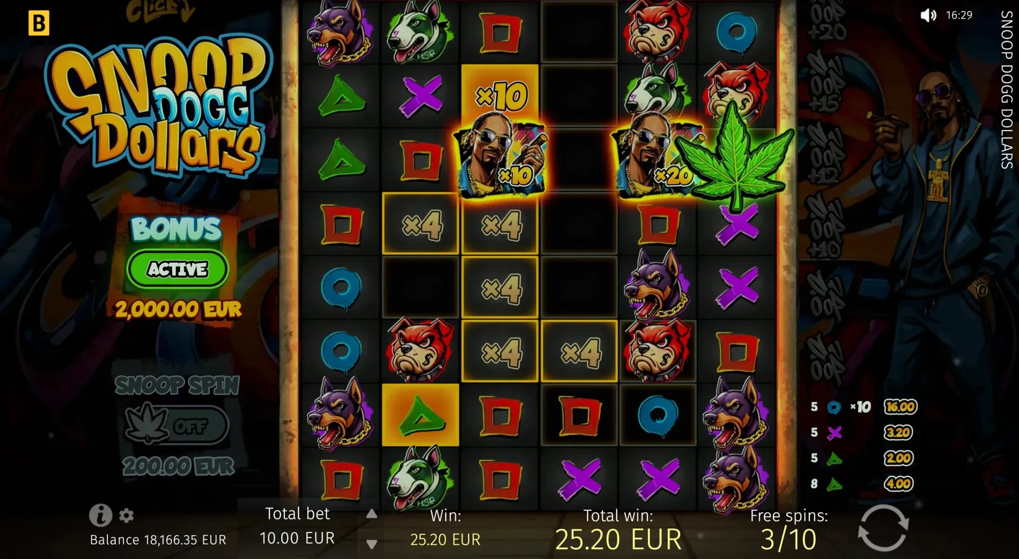 image displays the same game grid during a bonus round with multiplier symbols (x4, x10, x20) and a marijuana leaf symbol. The screen shows 3/10 free spins remaining with a current win of 25.20 EUR