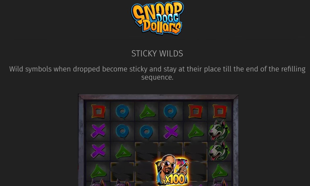 A slot game grid showing the Sticky Wilds feature in Snoop Dogg Dollars. The grid displays various colored symbols including red squares, blue circles, green triangles, and purple X's. A glowing wild multiplier symbol is visible in the center